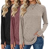 Oakgarden 3 Pack Women's Sweater Long Sleeve Shirts Mock Turtleneck Tunic Tops Thumbhole Ribbed Curved Hem Loose Fall Clothes