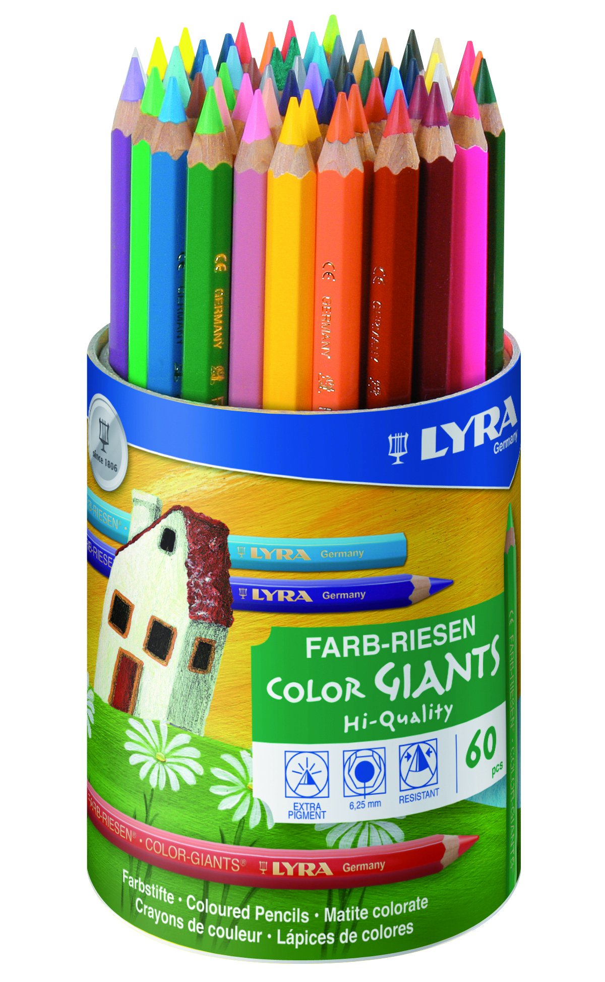 Lyra 3943600 Colour Giants Lacquered in Round Cardboard Pot 60 Colouring Pencils
