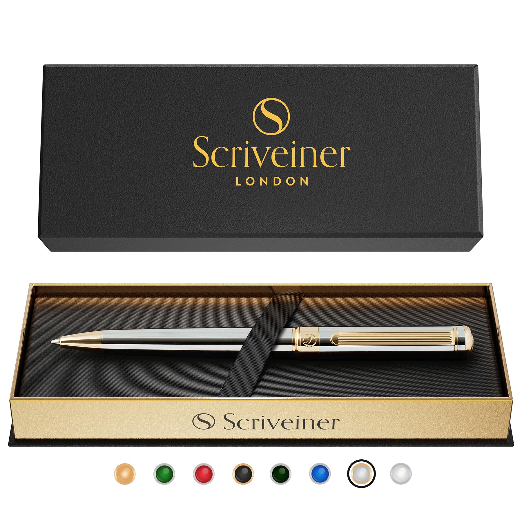 Scriveiner Silver Chrome Ballpoint - Stunning Luxury Pen, Real Gold Finish, Schmidt Black Refill, Best Ball Pen Gift Set for Men & Women, Professional, Executive, Office, Nice, Fancy Pens — image 1