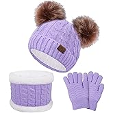 Senker Fashion Kids Winter Beanie Hat Scarf Gloves Set for Girls Boys Knit Warm Pompom Toddler Hats Mittens Neck Warmer