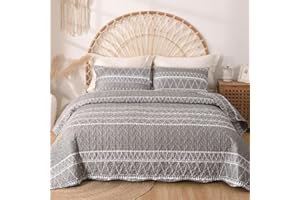 Lekesky Grey Quilt Set Queen Size, 3 Pieces (1 Quilt + 2 Pillowcases),Soft Microfiber Lightweight Reversible Bohemian Bedding Quilt for Summer(96 x 90 Inch)