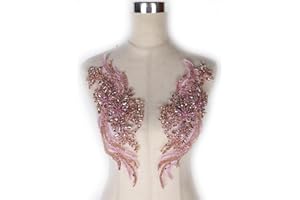 LABELLEZALADY Hand-Made Beaded Rhinestons DIY Clothing Appliques Patch,Beaded Applique for Wedding Dress Decoration,Rose Gold/Pink/Silver/Red/Black Flower Applique by Pair (Pink)