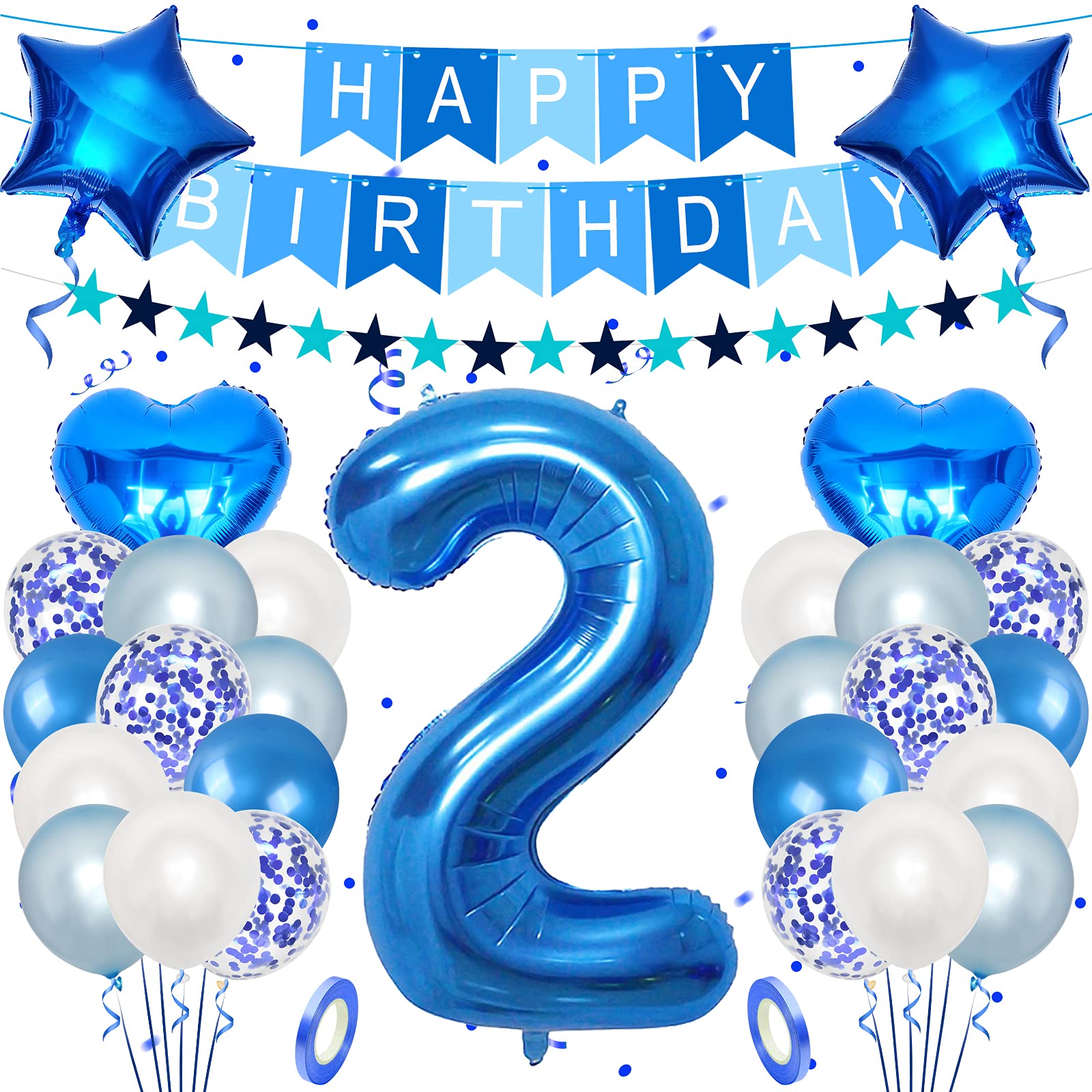 Unisun 2nd Birthday Decorations for Boy - 40" Helium Foil Balloon Number 2, Light Blue & White Confetti Latex Balloons, Happy Birthday Banner with Ribbon for 2 Year Kid's Party