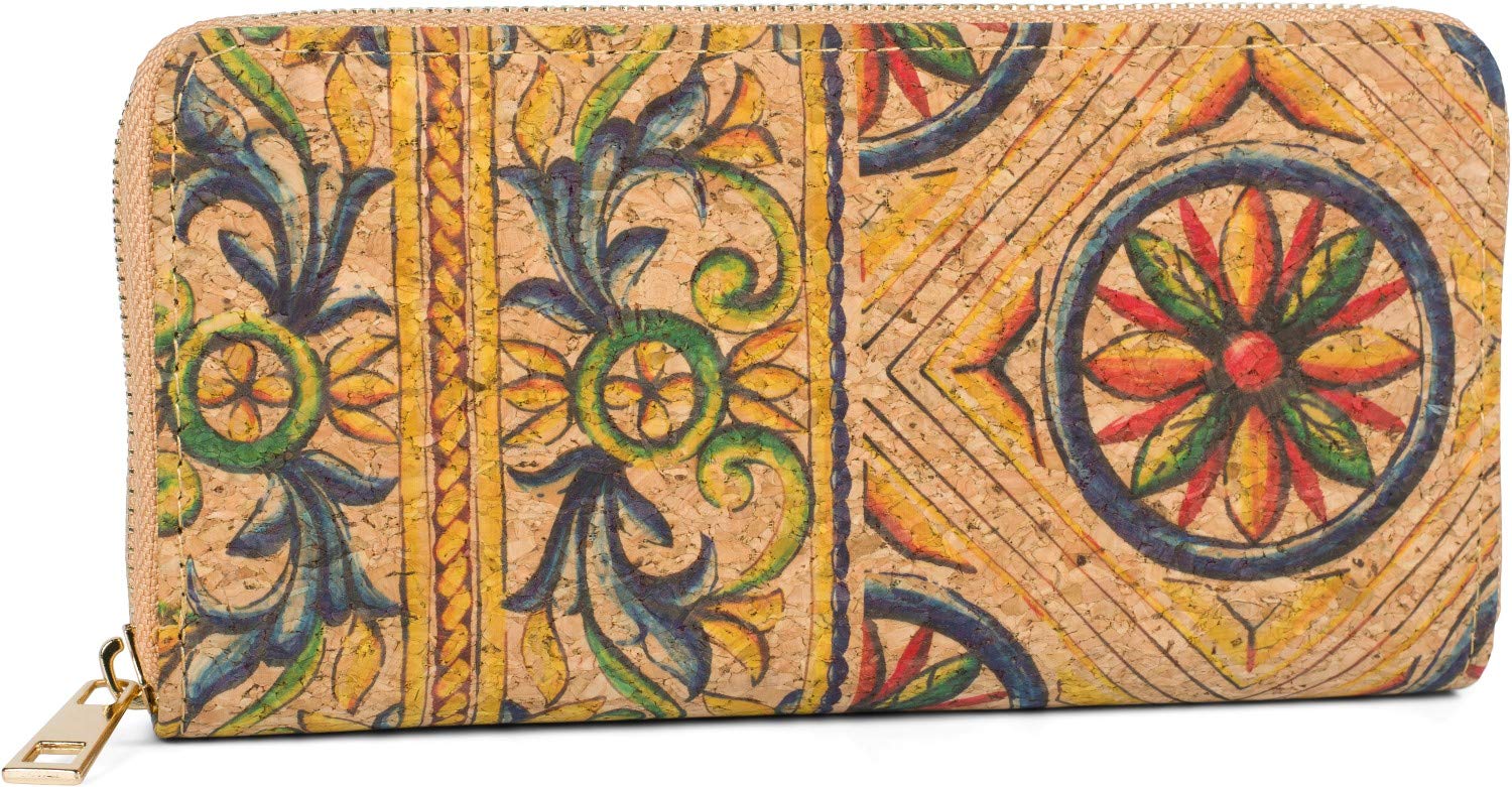 styleBREAKER Women's Cork Wallet with Colourful Pattern Print in Ethnic Look, Zipper, Wallet 02040138, Colour:Blue-Yellow-Green