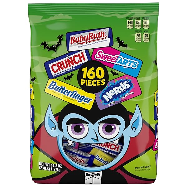 BUTTERFINGER, CRUNCH, BABY RUTH, NERDS, SWEETARTS, 160 COUNT, CANDY VARIETY PACK, INDIVIDUALLY WRAPPED ASSORTED MINI SIZE HALLOWEEN CANDY, 44.8 OZ BAG