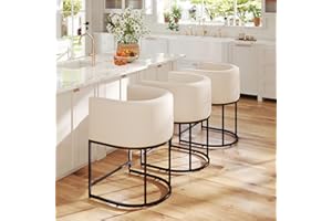 HNY Modern Counter Height Linen Fabric Upholstered Counter Stools Set of 3, 24 Inch Kitchen Island Stool with Black Tubular Frame, Cream