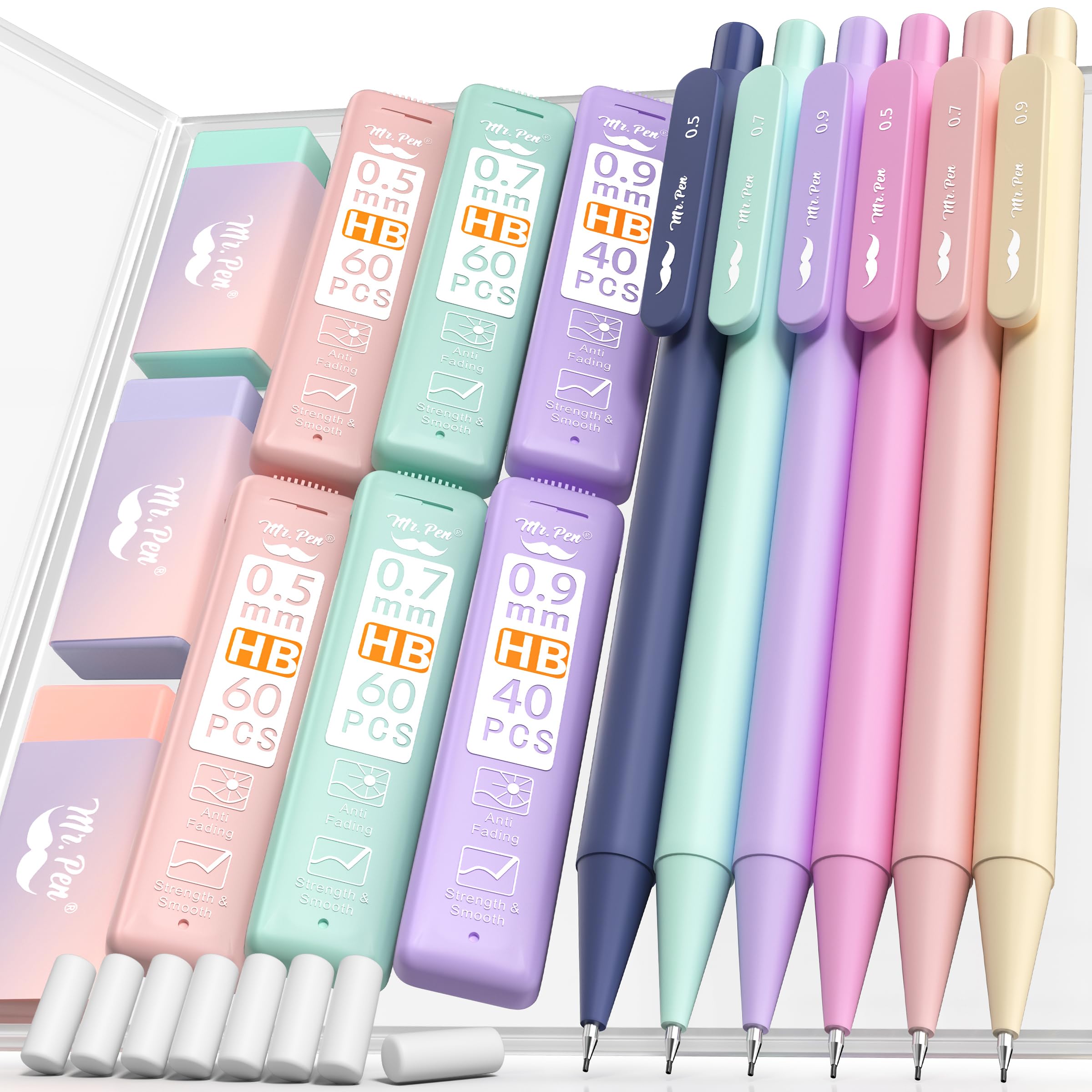 Photo 1 of Mr. Pen- Pastel Mechanical Pencil Set with Lead Refills & Erasers, 6 Pack, 3 Sizes, 0.5 0.7 & 0.9mm, Aesthetic Mechanical Pencils Set, Pastel Mechanical Pencils