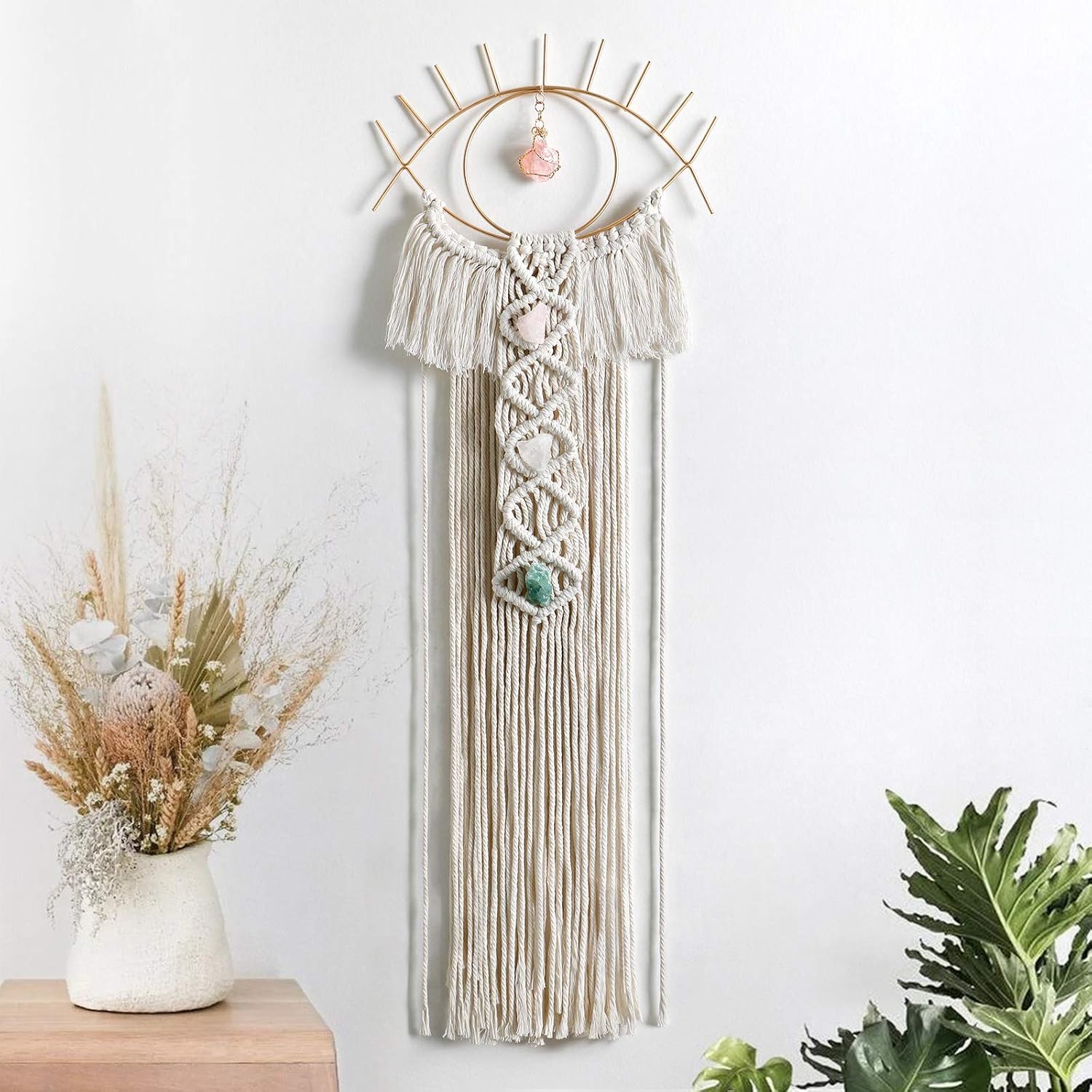 LOMOHOO Macrame Wall Hanging Evil Eye Dream Catcher with Crystal Stone Pendant Boho Woven Macrame for Bedroom Home Decoration Bohemian Apartment Ornament Craft Gift