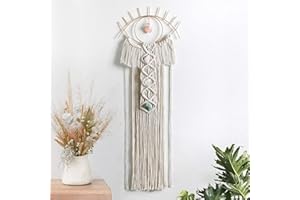 LOMOHOO Macrame Wall Hanging Evil Eye Dream Catcher with Crystal Stone Pendant Boho Woven Macrame for Bedroom Home Decoration Bohemian Apartment Ornament Craft Gift(beige)