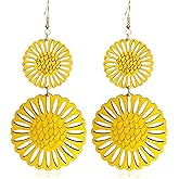 NONQL Handmade Lightweight Wooden Double Flower Dangle Drop Earrings Bohemian Natural Wood Hollow Out Tiered Floral Daisy Flower Hook Earrings for Women