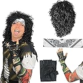 Watt's Wigs 80s Rock Star Costume Men – Black Wig with Headband, Tattoo Sleeve & Glove – 80's Rocker Outfit for Men, Rockstar Wig, 1980s Costumes for Adults, Halloween Cosplay