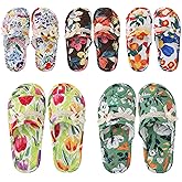 Chuarry 5 Pairs Floral Cotton House Slippers for Women, Soft Open Toe Indoor Spa Slippers for Guests Non Slip Washable Comfortable Portable Shoes for Hotel Travel Bedroom Airplane Party
