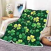 St. Patricks Day Throw Blanket Sherpa Flannel Fleece Blanket, St. Patrick's Day Green Shamrocks Clovers Pattern Bed Blanket, Irish Soft Cozy Blankets Warm Throw Blanket for Couch 50X60in