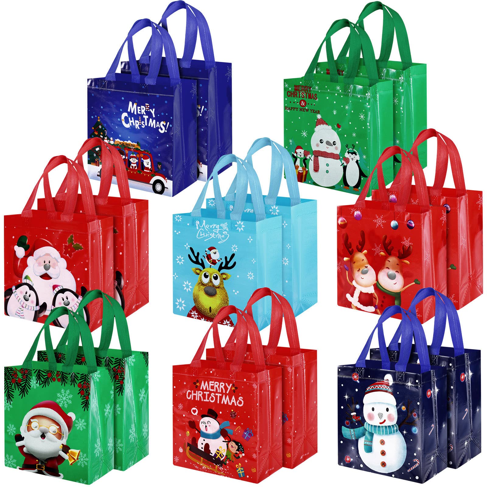 Weewooday 16 Pack Christmas Reusable Gift Bags Non-woven Tote Bags with Handles Christmas Grocery Shopping Totes Bulk with Handles for Xmas Gifts Santa Holiday Party Favors, Two Size