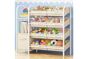 Fixwal Toy Storage Organizer with Fabric Drawers and Bookshelf, 3 Shelves Kids Bookshelf for Nursery with Storage Toy Bins, for Playroom, Living Room