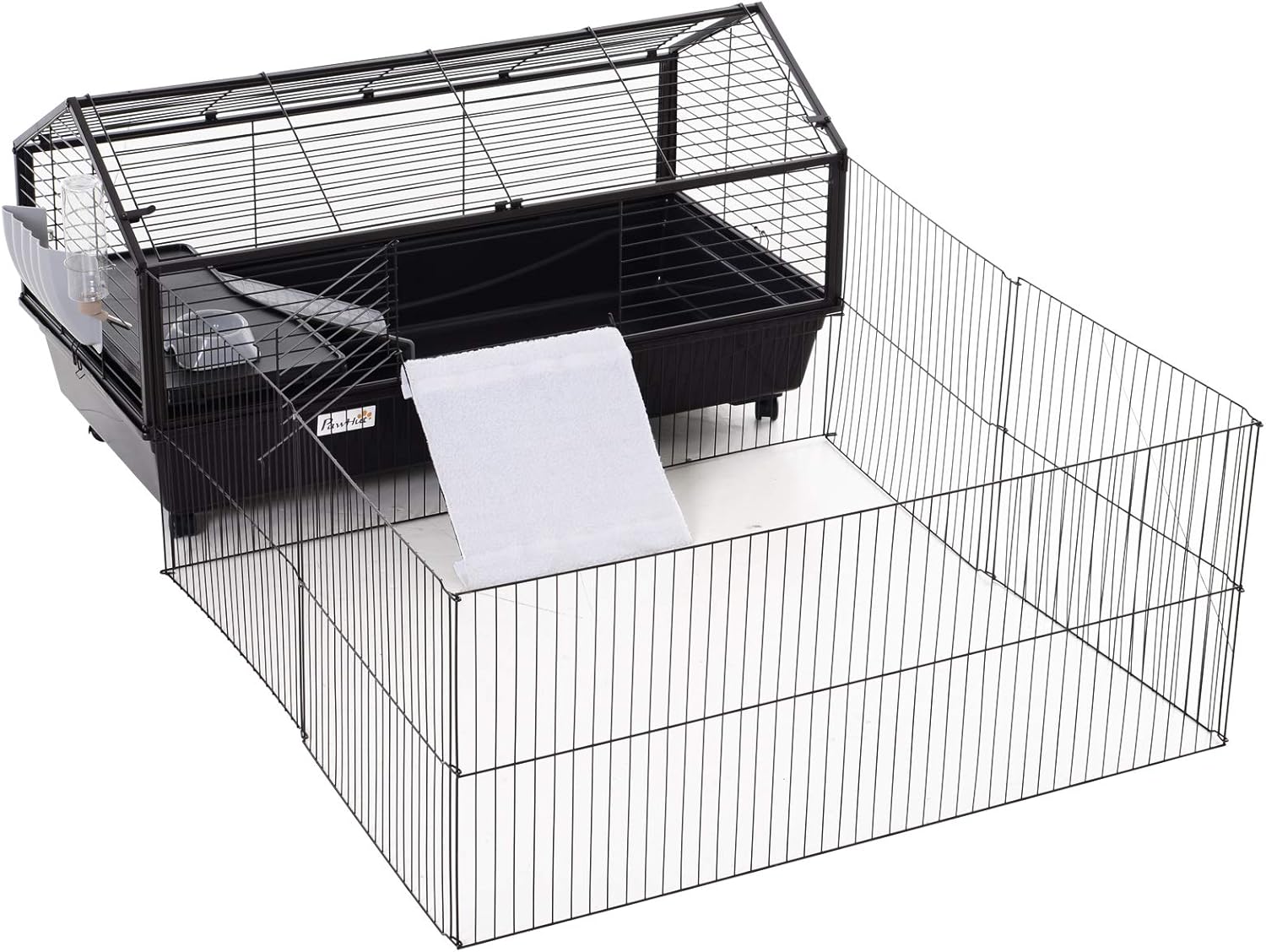 PawHut Rolling Metal Rabbit, Guinea Pig, or Small Animal Hutch Cage with Main House and Run, 47" L