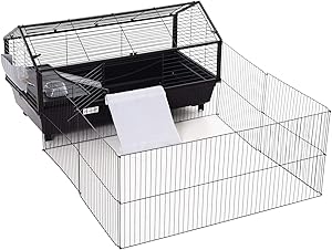 PawHut Rolling Metal Rabbit, Guinea Pig, or Small Animal Hutch Cage with Main House and Run, 47" L