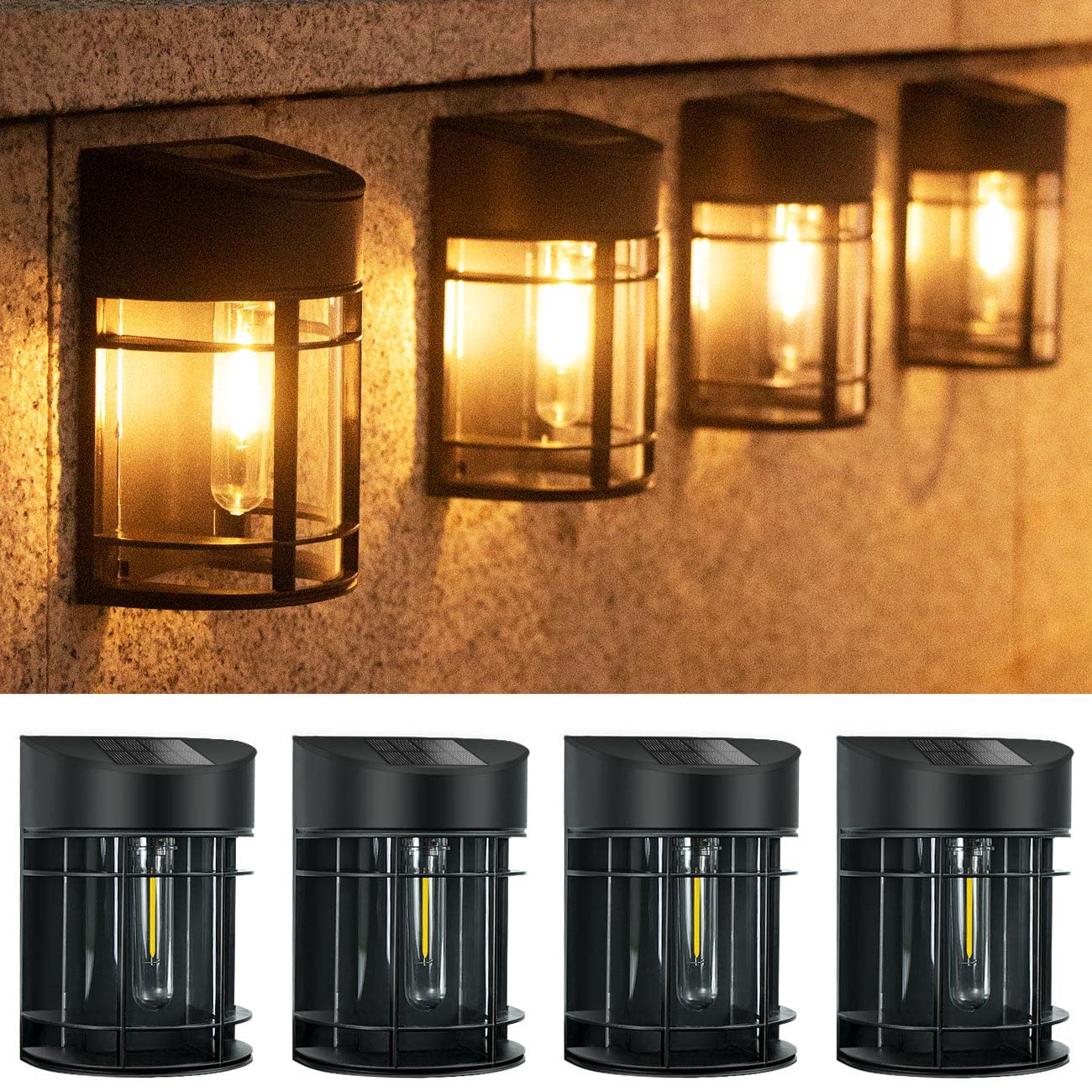 btfarm 【4 Pack】 Solar Fence Lights Outdoor Garden, Waterproof Retro LED Wall Lights for Patio Decking Gate Yard Decoration (Warm White)