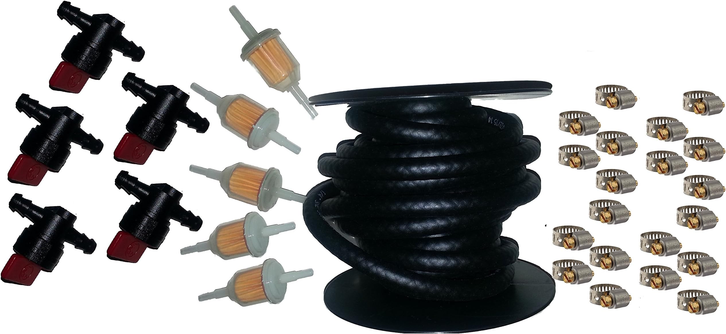 Carburetor 1/4 Inch Fuel Line Replacement Kit for Kawasaki, Tecumseh, Briggs and Stratton, and Kohler Engines Including Shut Off Valves and Size 4 Breeze Clamps 31 Piece Bundle