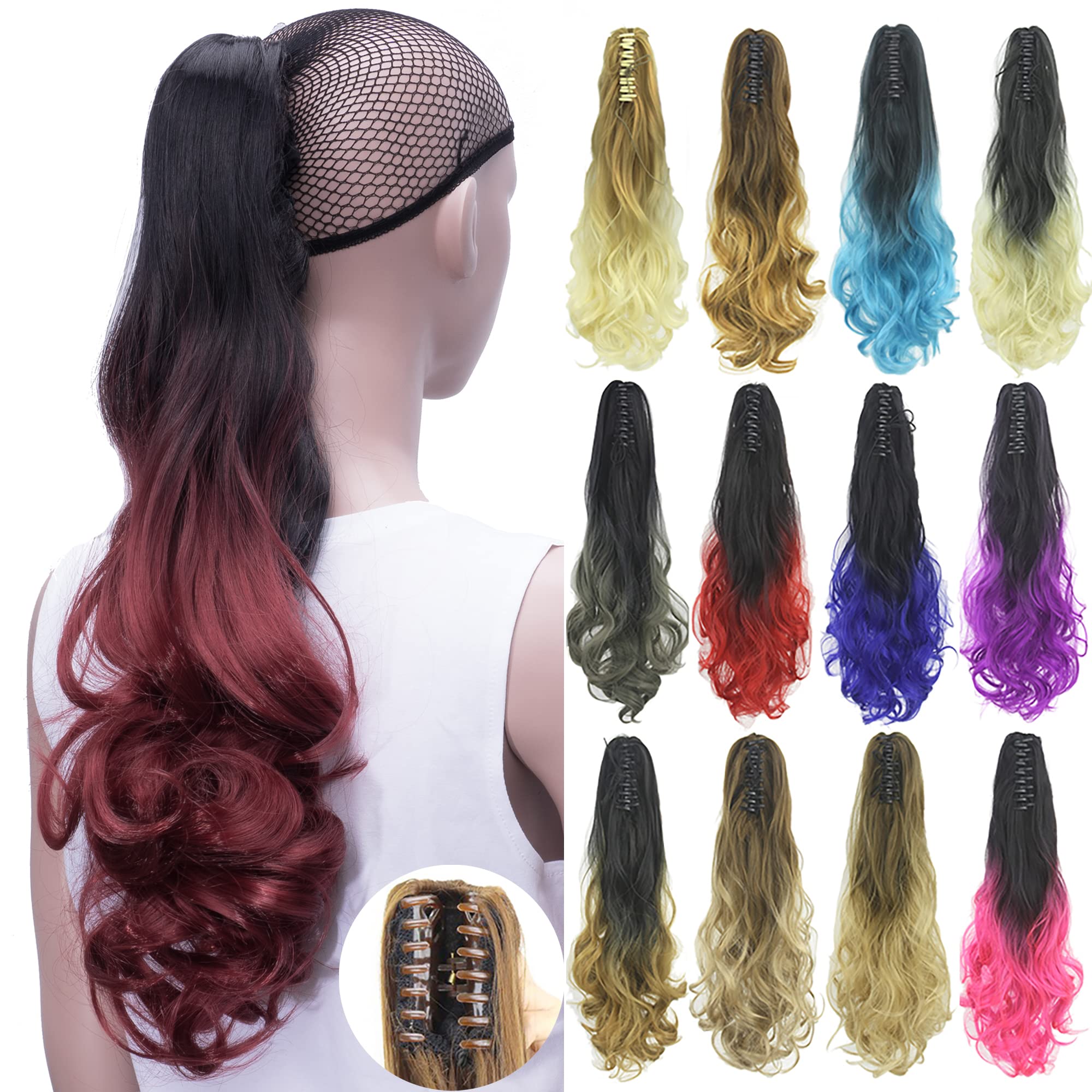 IMISSU Curly Ombre Color Claw Ponytail Hair Extensions Pony Tail Clip in Hairpiece (Ombre Burgundy)