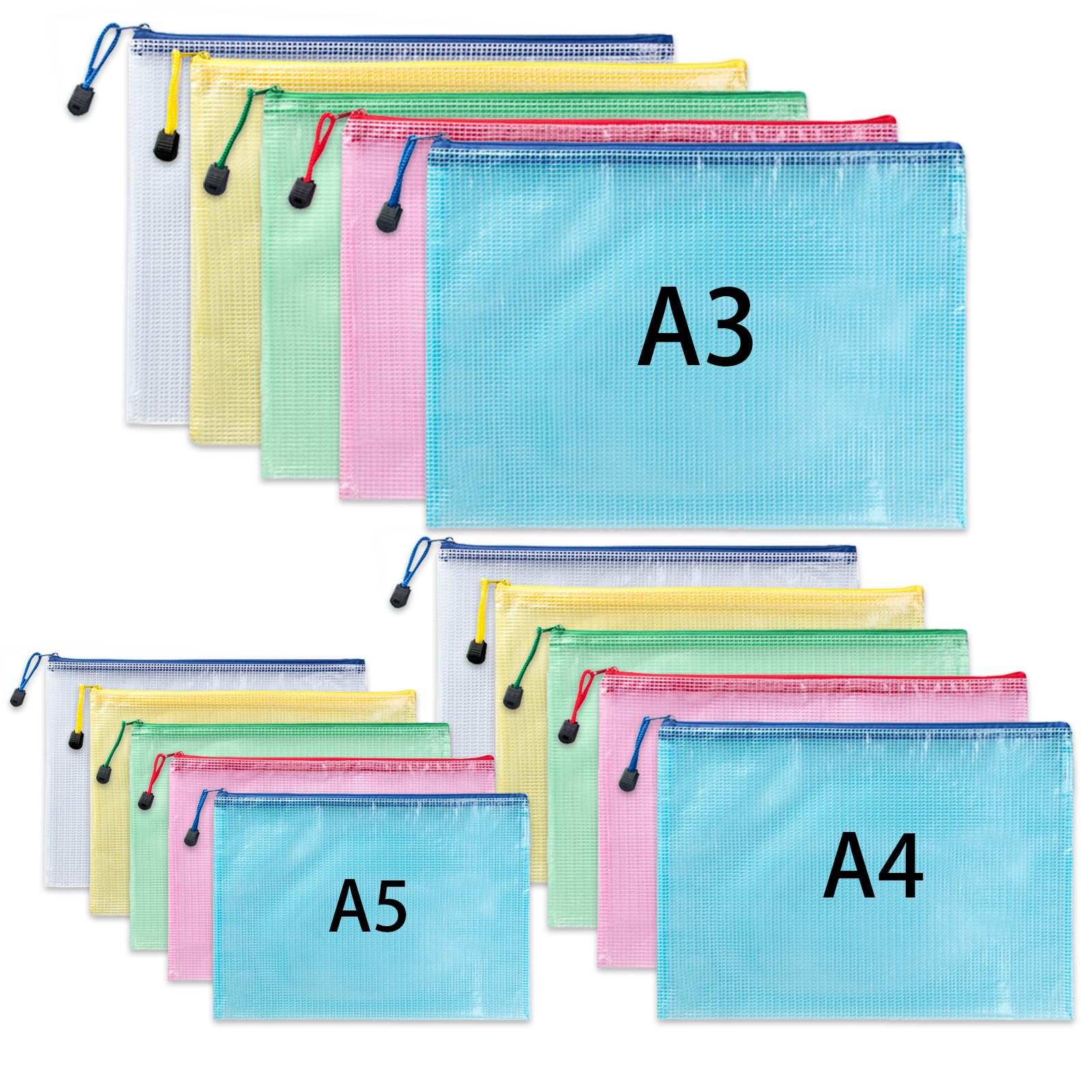 15 Pack Plastic Wallets A3 A4 A5 Zip Folders, Waterproof Mesh Document Multi-Size Wallet Zipper File Folders Translucent Zipper Pouches, Zip Bags for Office Homework Puzzles