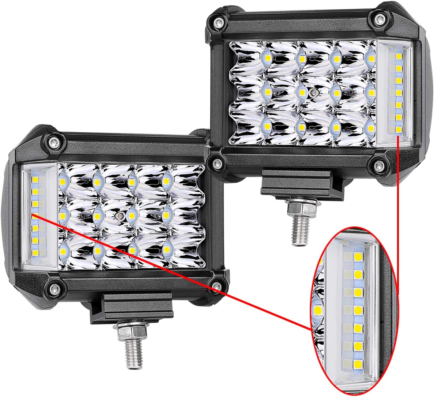 Moso LED LED Pods Lights, 2 Pcs 4 inch 114W Triple Row LED Side Shooter Led Combo Beam OSRAM Driving Lights Fog Lights Led Cubes Work Light for Trucks UTV SUV ATVs Car Boats Marine