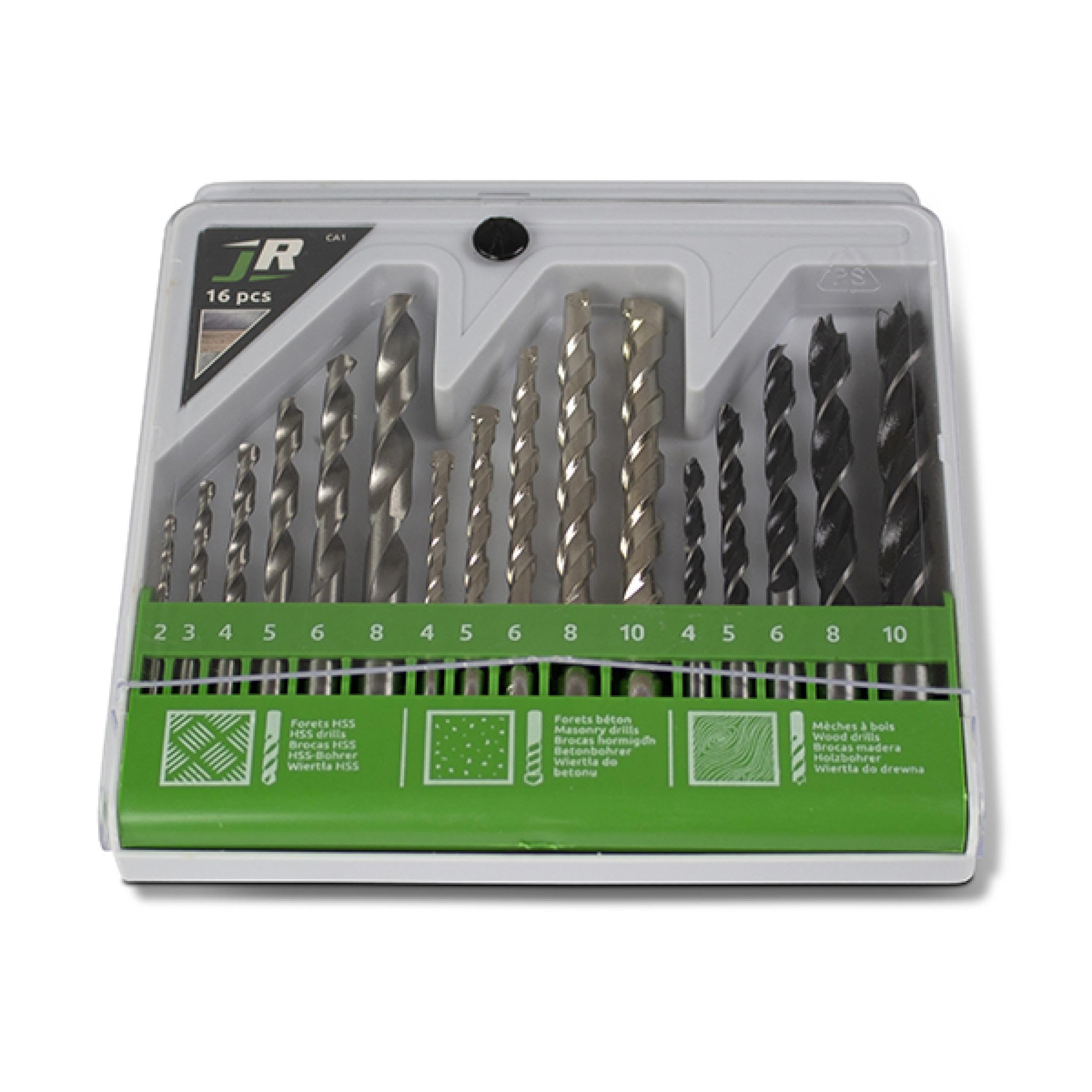 JR CA1 Pack of 16 HSS Drill Bits (2, 3, 4, 5, 6, 8), Concrete Drill Bits (4, 5, 6, 8, 10), Wood Drill Bits (4, 5, 6, 8, 10)