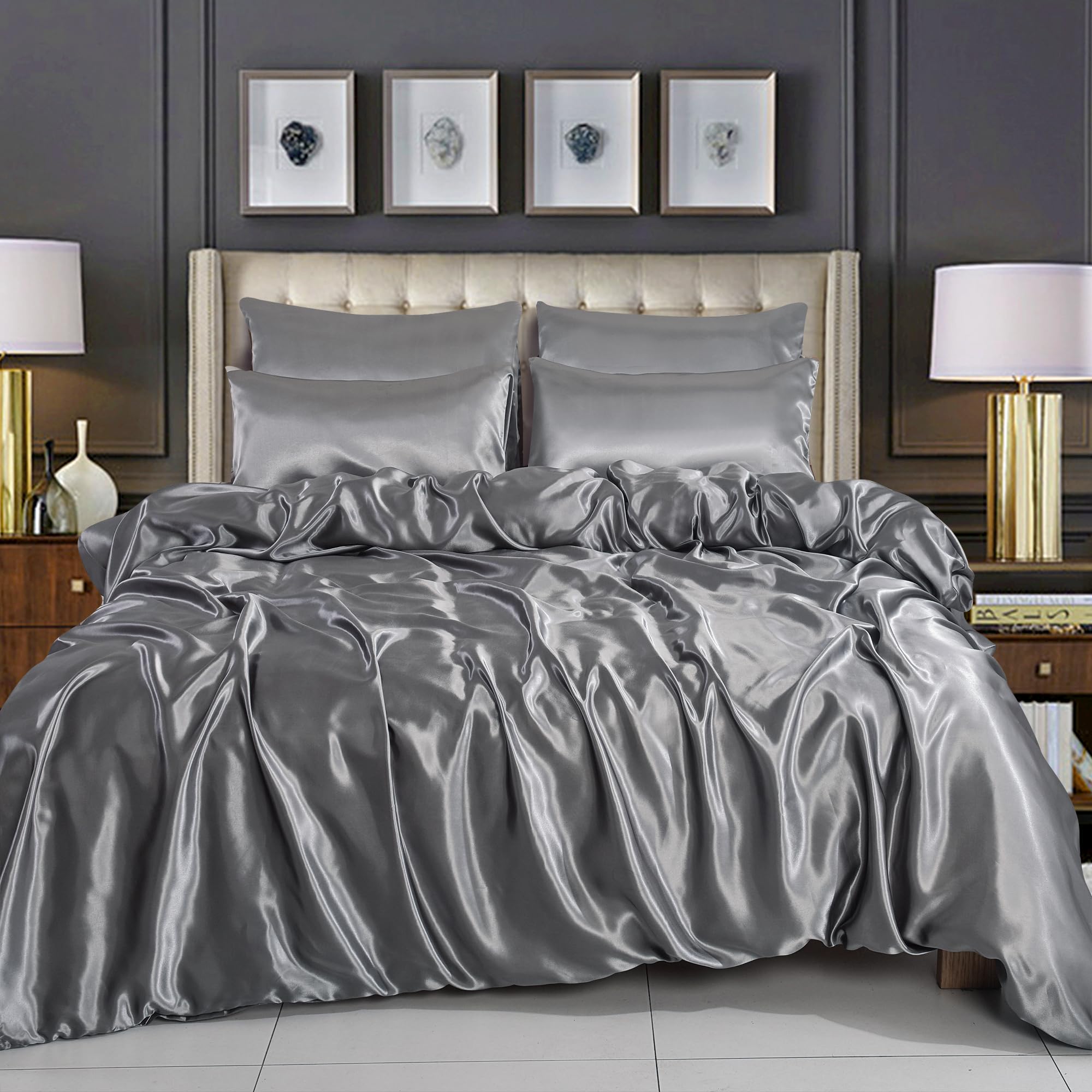 WEAVERS: Luxurious 6-Piece Silky Satin Bedding Set, Smooth & Glossy Finish, Includes Reversible Zipped Duvet Cover, 1 Fitted Sheet, and 4 Pillowcases. (Colour Silver Size Super King)