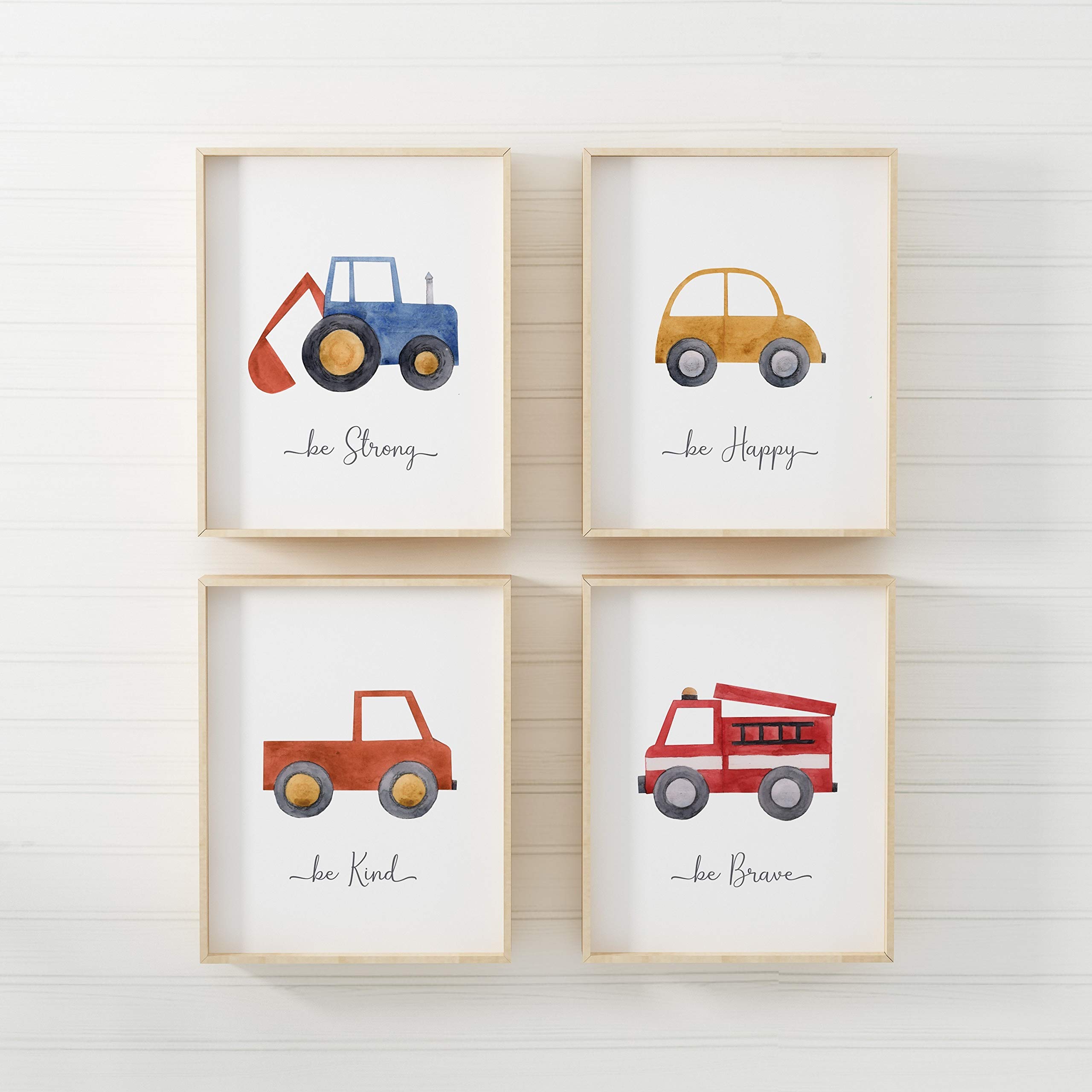 Pompom Prints® Watercolour Cars Children's Nursery Bedroom Wall Art Picture Prints + Inspirational Quotes Poster for Baby Boy | Set of 4 [Picture Frames NOT Included] (4 Prints, Set 1, A4)