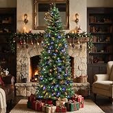 Arborvigro 7.5FT Artificial Hinged Prelit Slim Christmas Tree,300 LED Light | 792 Branch Tips, Warm White&amp;Multi-color, 10 Modes Foot Pedal, Pre-lit Pencil Xmas Tree for Home, Apartment, Party Decoration