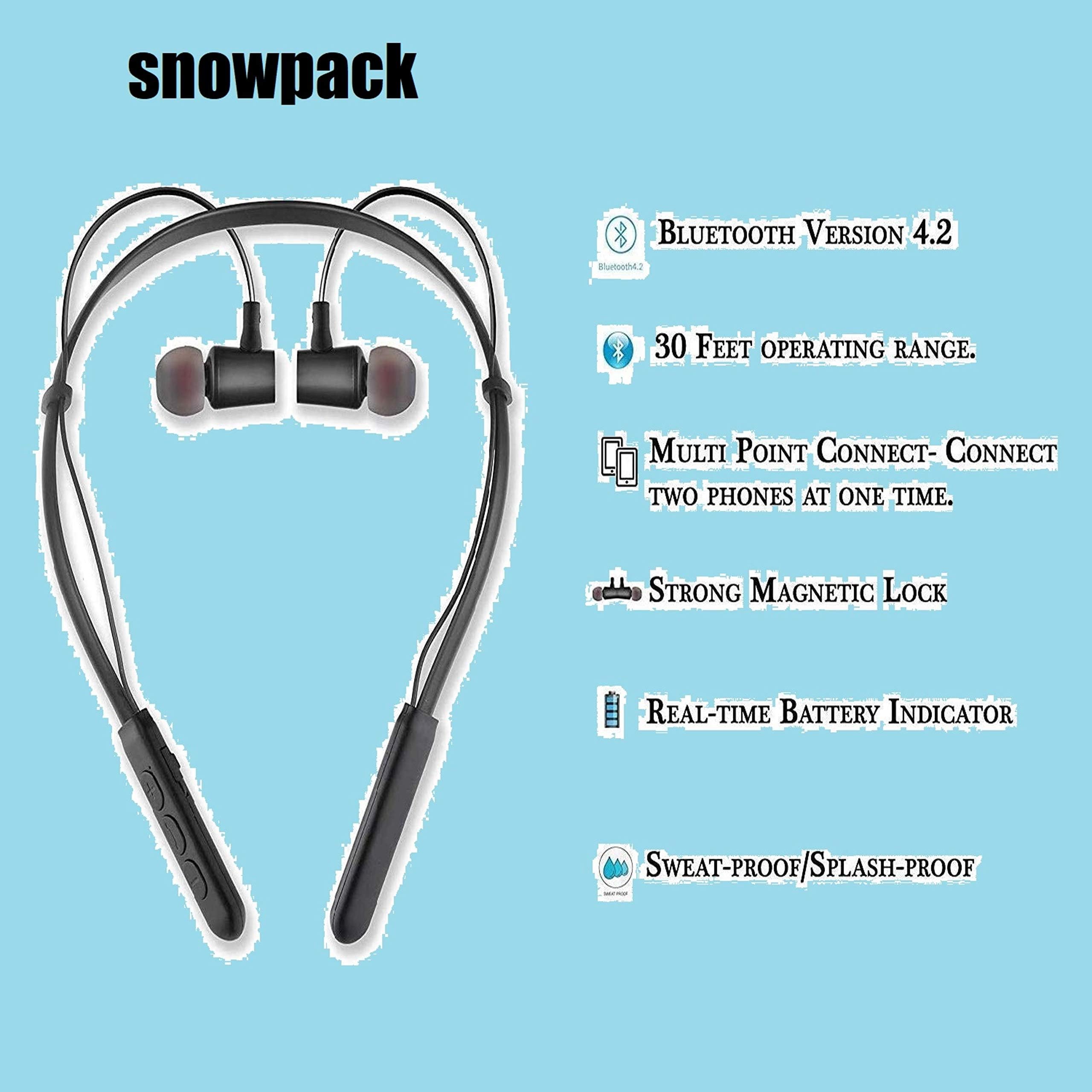 snowpack Neck Band in-Ear Bluetooth Earphone with Mic/Waterproof/high Sound Quality/Light Weight (Black)
