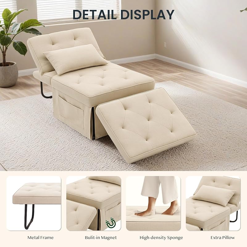 Poltrona Relax Pieghevole 3 in 1, Sedia a Sdraio Trasformabile con Funzione Letto, Portata 300 kg,Beige, 72×69×35 cm