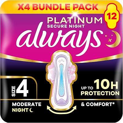 Always Platinum Size 4 Secure Night Pads With Wings 12 Pack