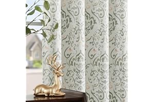 Lazzzy Green Floral Blackout Curtains 63 Inch Length, Sage Damask Medallion Vintage Pattern Room Darkening Drapes for Bedroom, Back Tab Thermal Insulated Window Treatments Sets, 2 Panels