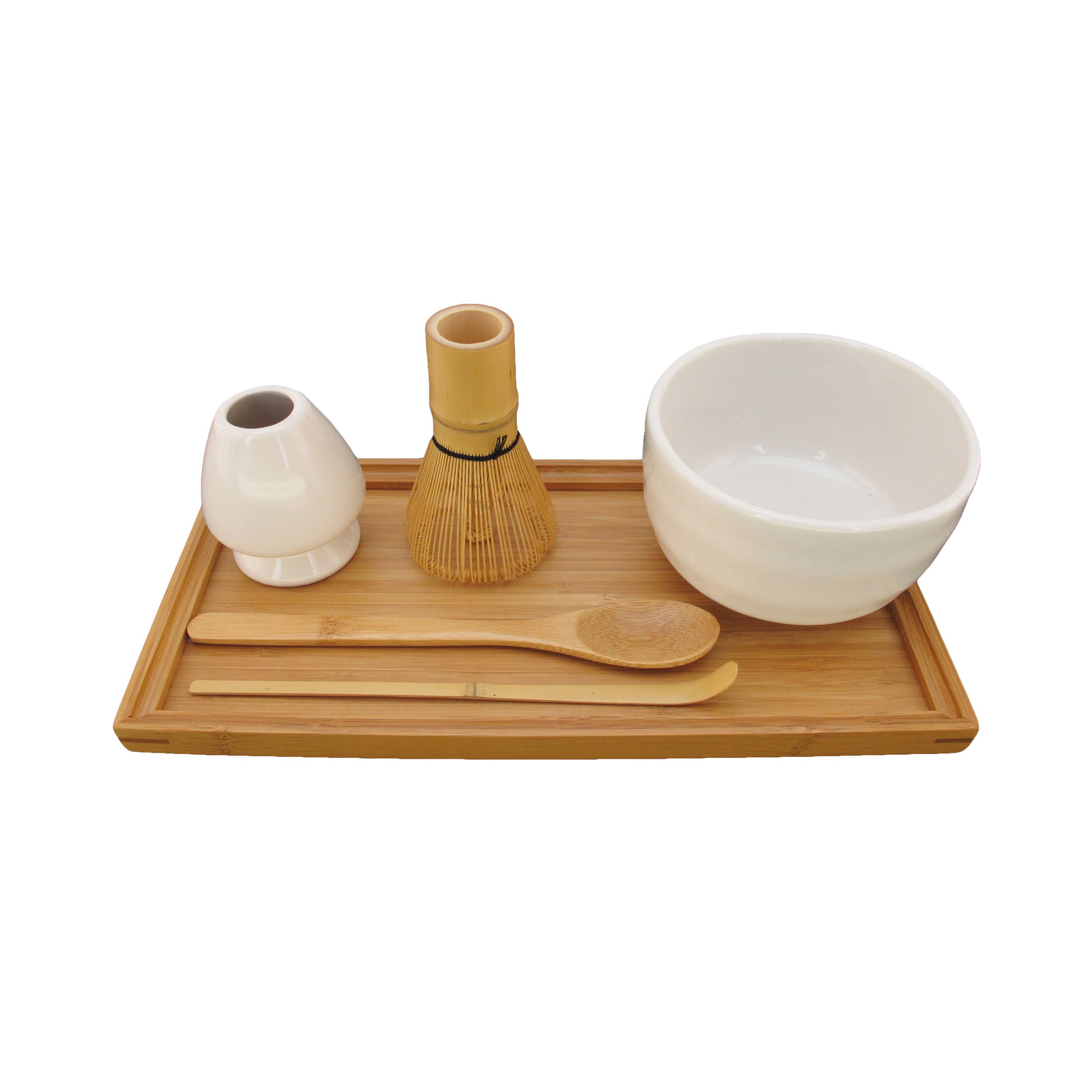 BambooMN Brand - Matcha Bowl Set (Includes Bowl, Rest,Tea Whisk, Chasaku, Tea Spoon & Tray) 1 Set White