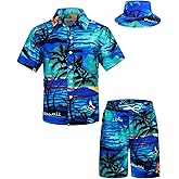 TUNEVUSE Little & Big Boys Hawaiian Button Down Shirts and Short Sets with Bucket Hat Summer Outfits Printed Kids Cabana Set