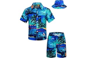 TUNEVUSE Little & Big Boys Hawaiian Button Down Shirts and Short Sets with Bucket Hat Summer Outfits Printed Kids Cabana Set
