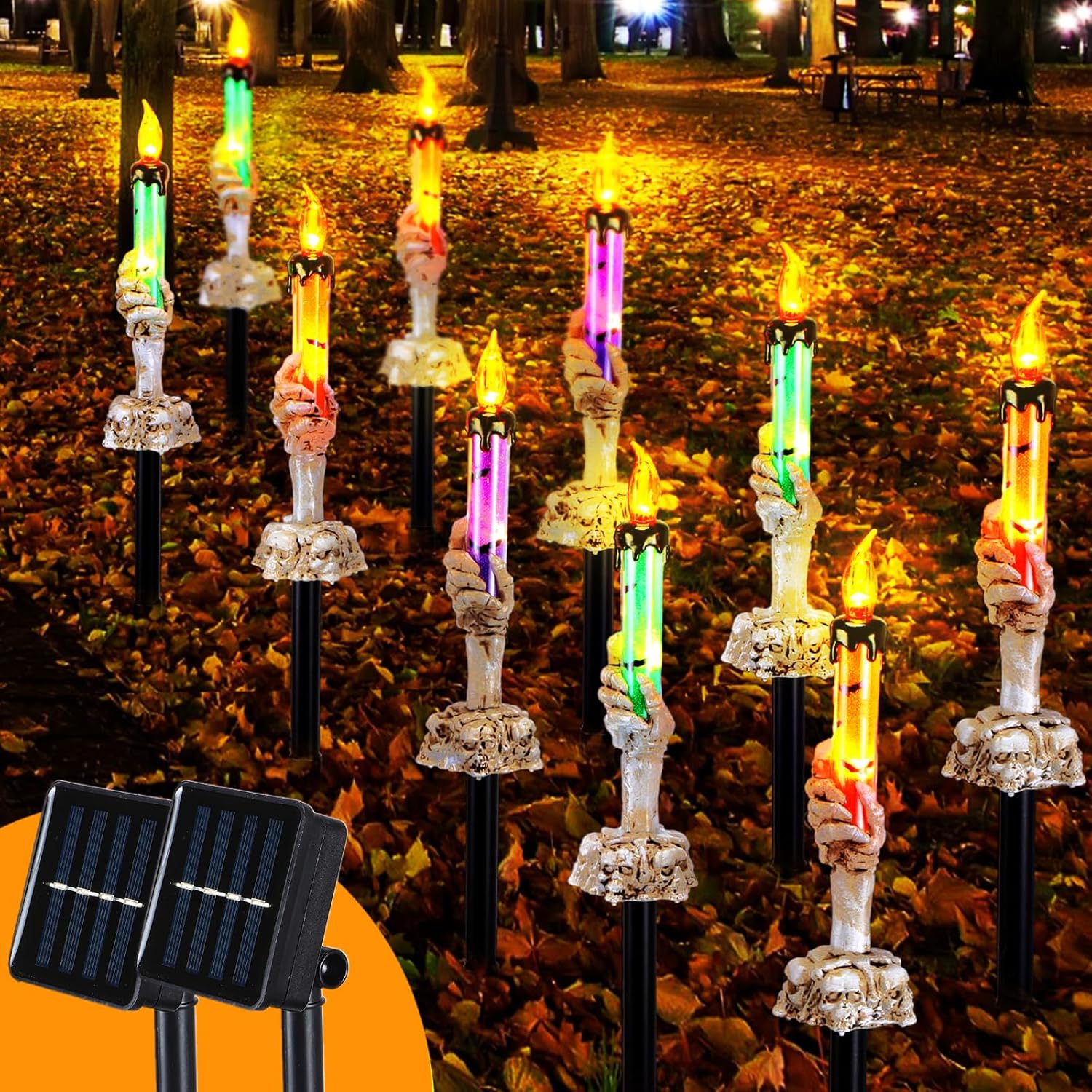 Decorative Garden Stakes - Reginary 10 Pack Halloween Decorations Skull Candle Lights with Stakes Skeleton Hands Halloween Stake Lights Battery Operated Waterproof Pathway Maker with Timer for Indoor Outdoor Garden Yard Decor