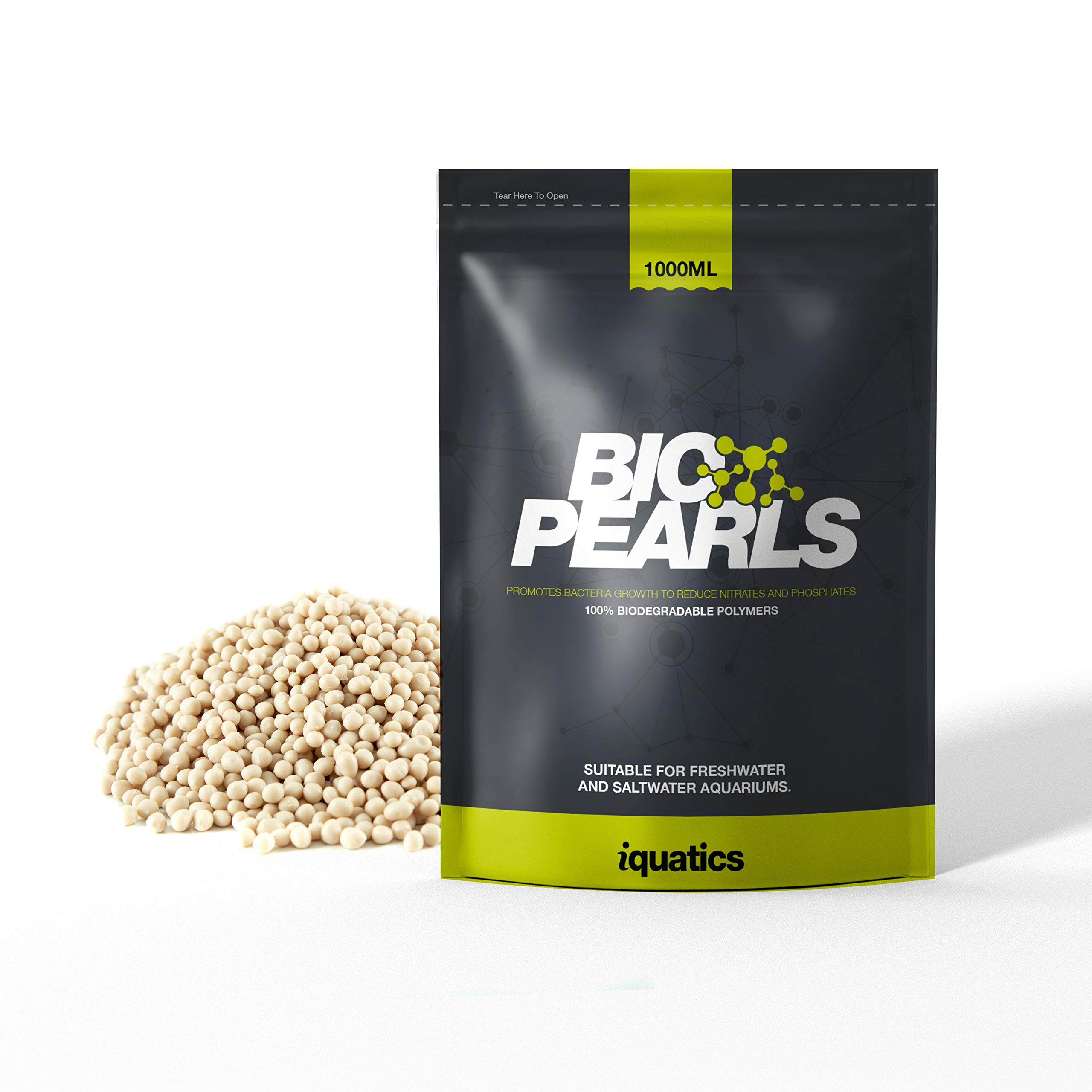 iQuatics Bio Pearls 1000ml – Biodegradable bio pellet media designed for efficient nitrate and phosphate removal, reducing algae and promoting balanced water quality in aquarium filtration systems