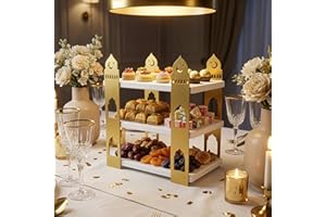 Iwa Concept Modern Metal & Wood Ramadan 3-Tier Serving Tray - Mosque Silhouette Eid Mubarak Table Centerpiece - Islamic Desse