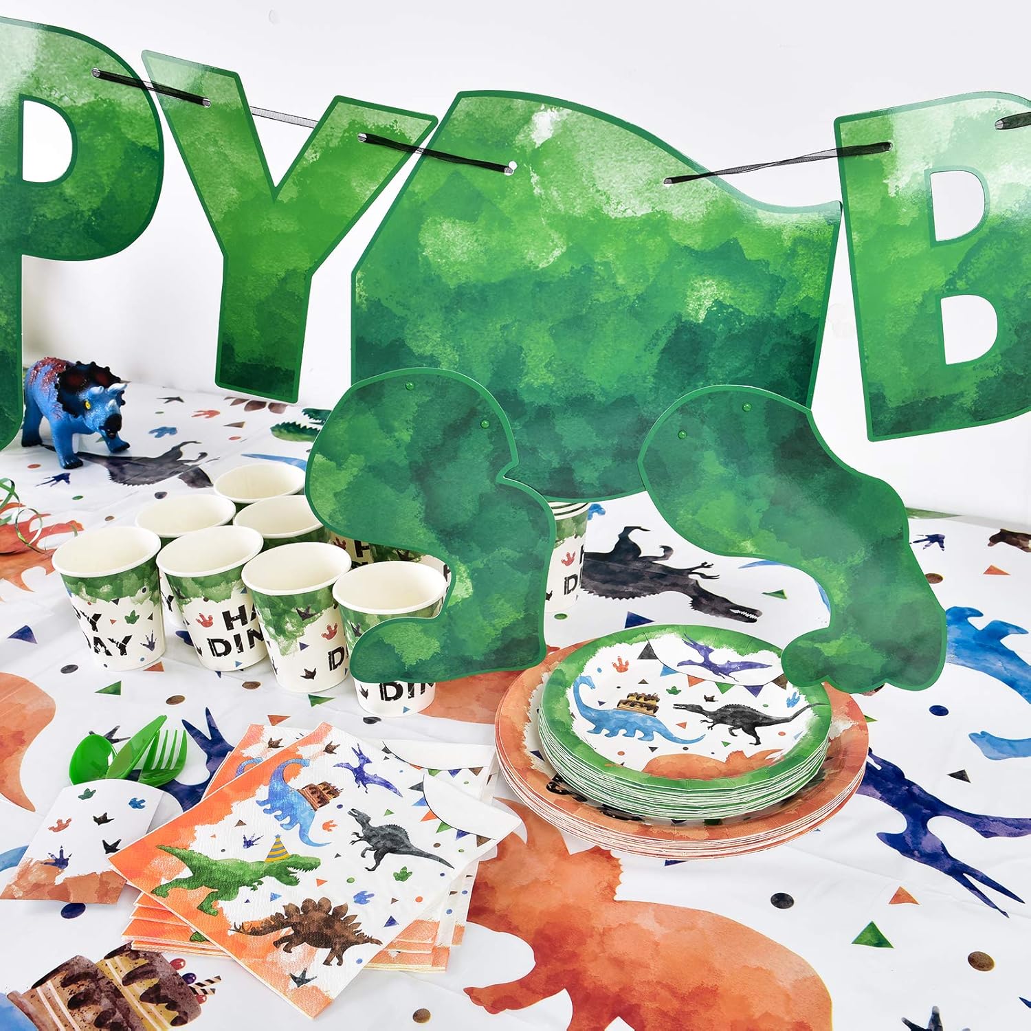 Watercolor Dinosaur Party Supplies - Dino Theme Birthday Party Decoration for Boys Birthday Banner Balloons Plates Cups Napkins Cutlery Bag Table Cover Tableware Utensils Serves 16 Guests 153 PCS: Toys & Games