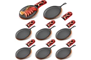 Lallisa 8 Sets Cast Iron Fajita Plate Set Fajita Plate Pan with Wooden Tray Anti Scald Protection Hot Mitt Cast Iron Skillet 