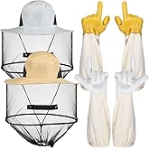 Newcotte Beekeeping Gloves Hats Set 2 Thick Goatskin Leather Bee Gloves with Ventilated Sleeves and 2 Pack Beekeeping Fencing Veil Mosquito Hats Netting Sun Head Net Hat with Hidden Net Mesh Mask
