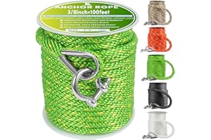 VEITHI Premium Anchor Rope 100 ft x 3/8 inch, Solid Braid MFP Anchor Line Boat Rope Marine Rope,Boat Anchor Rope with Thimble & Shackle - Green/Yellow