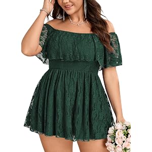 Plus Size Romper For Women Summer Off Shoulder Sexy Lace Romper Dress | Boho Short Jumpsuits, Cute One Piece Outfits, Square