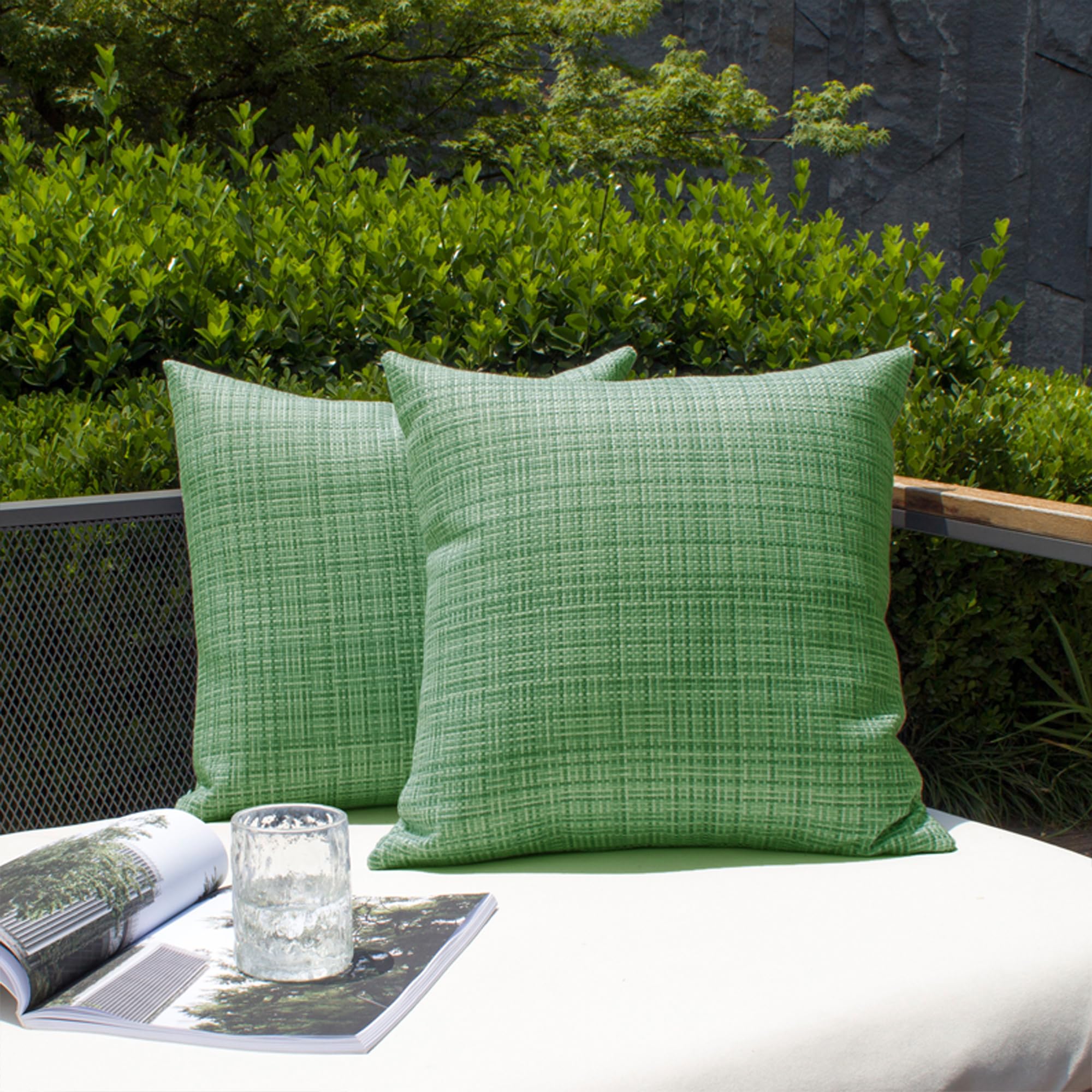 Photo 1 of Kevin Textile Outdoor Waterproof Throw Pillow Covers Decorative Farmhouse Water Resistant Cushion Covers for Tent Patio Garden Couch Sofa Pack of 2 24x24 Inch Sage Green