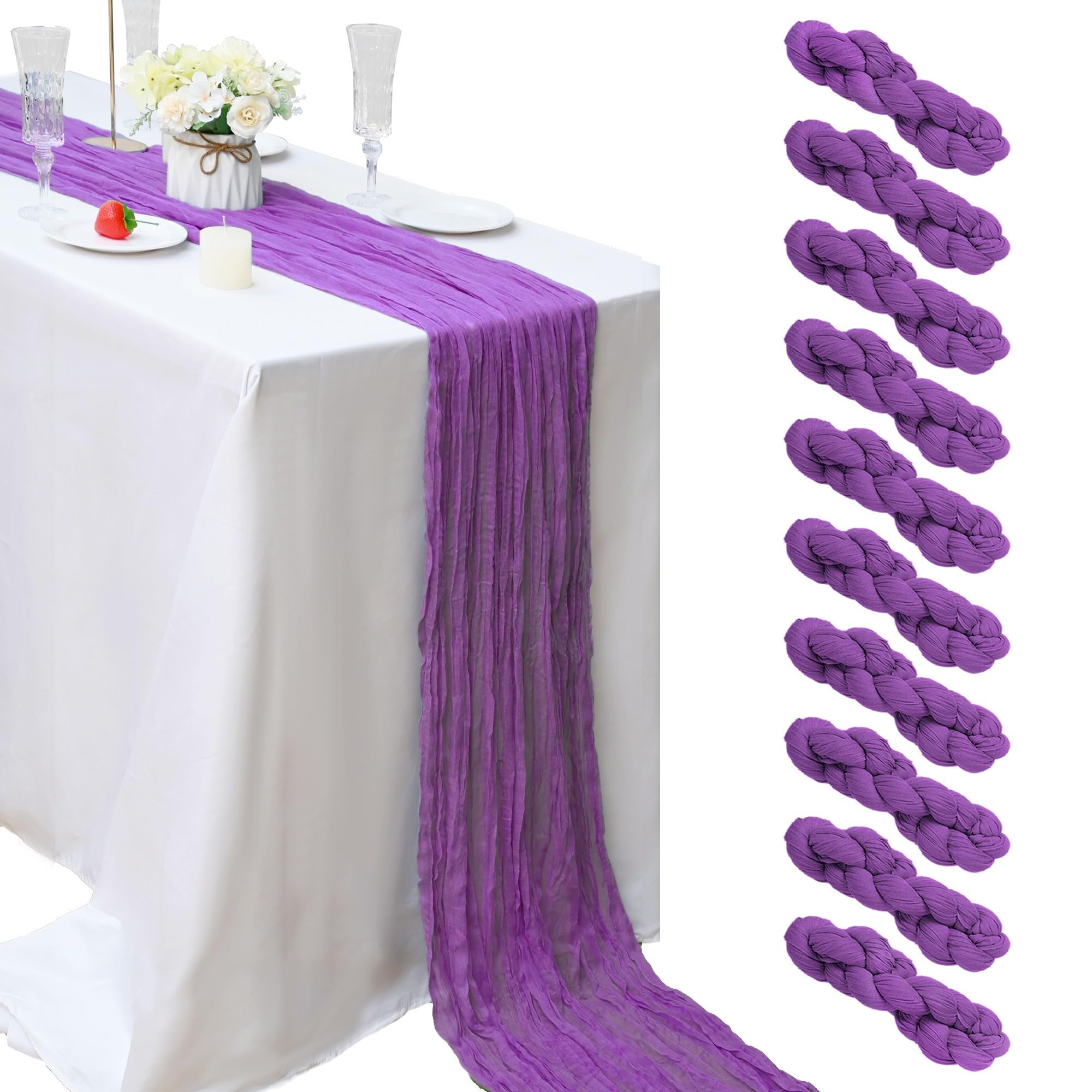 Photo 1 of 10 Pcs Purple Cheesecloth Table Runner 10FT Romantic Cheese Cloth Table Runners Boho Gauze Table Runner Rustic Sheer Runner for Wedding Engagement Bridal Baby Shower Birthday Party Spring Table Décor