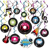 60 Pieces 50s Party Rock and Roll Music Party Decorations Hanging Swirls Music Record Cutouts Hanging Banner Double Sides Ceiling Decor with Streamer Garden Decor for Music Birthday Party Supplies