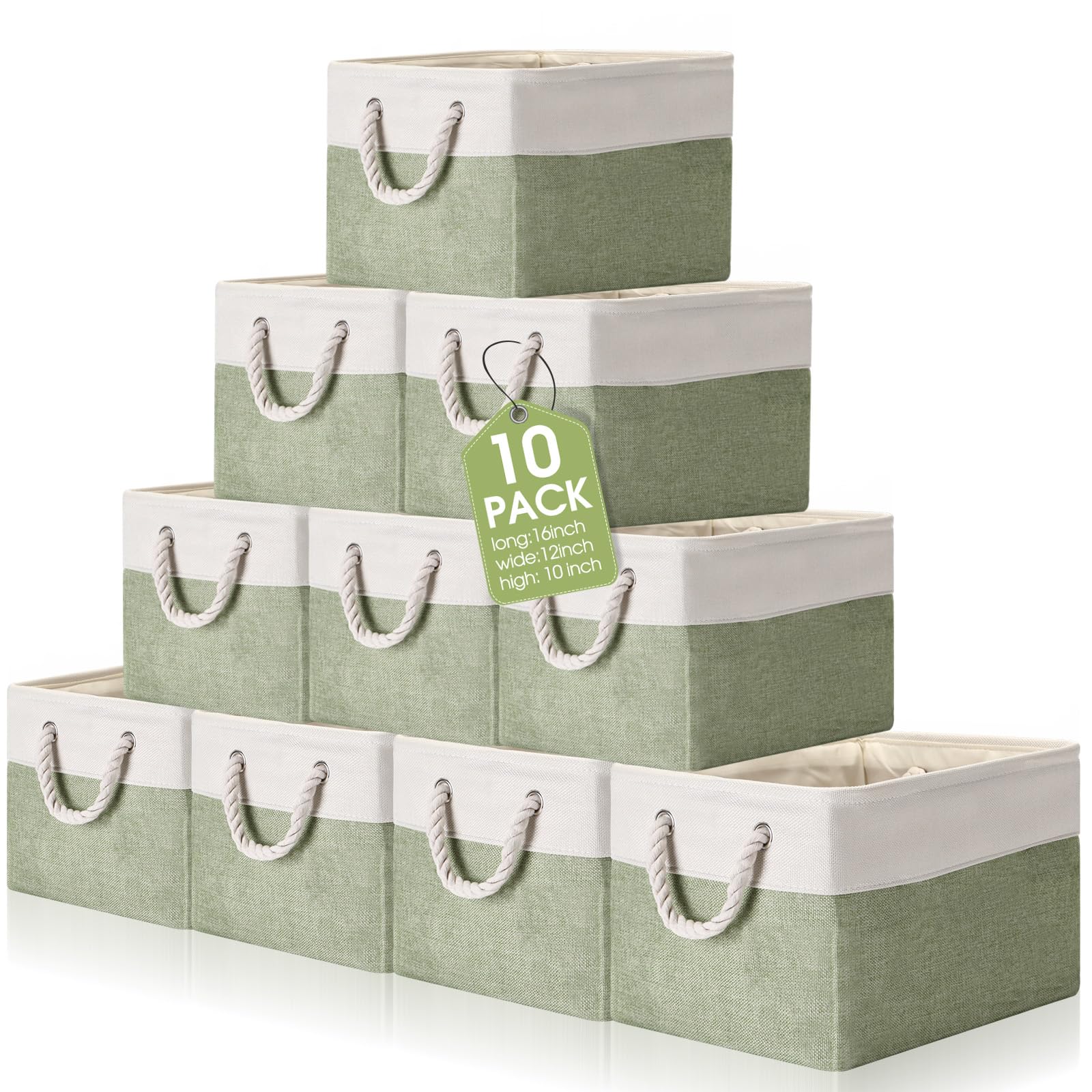 Photo 1 of FoldTier 10 Pack Large Collapsible Fabric Storage Baskets with Handles Decorative Storage Bins for Organizing Shelves Toys Clothes (Beige & Green,16 x 12 x 10 Inches)