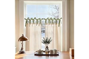 jinchan Linen Tie Top Curtains 36 Inch Length Farmhouse Cafe Curtains Set of 2 for Bedroom Bathroom Rustic Small Windows Light Filtering Crude Panels with Sage Green Ties